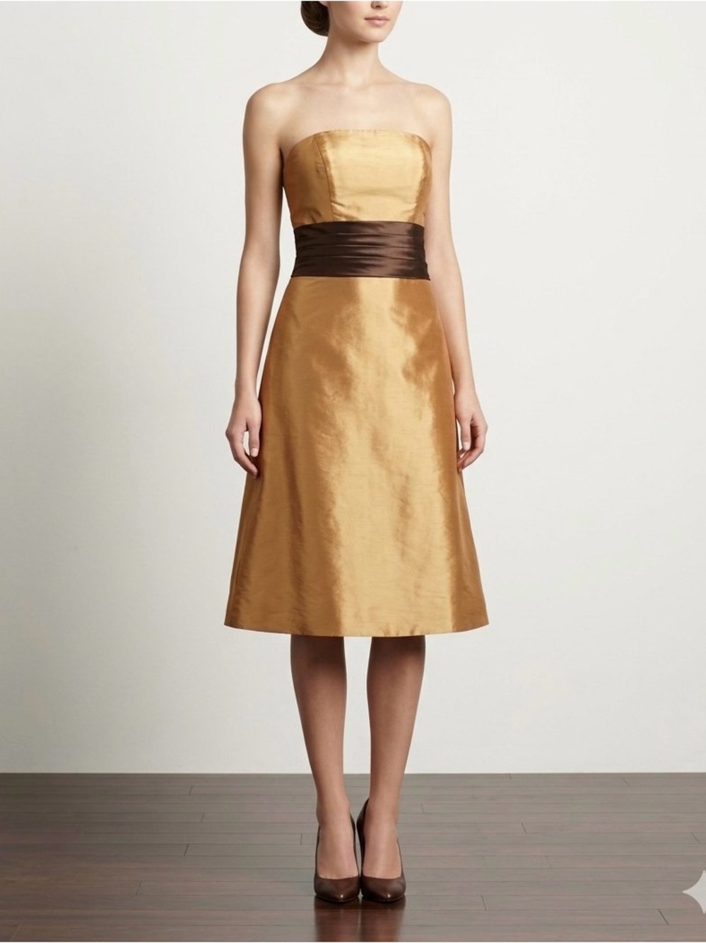 Bill Levkoff Strapless Gold Taffeta Dress with Brown Sash Size 8